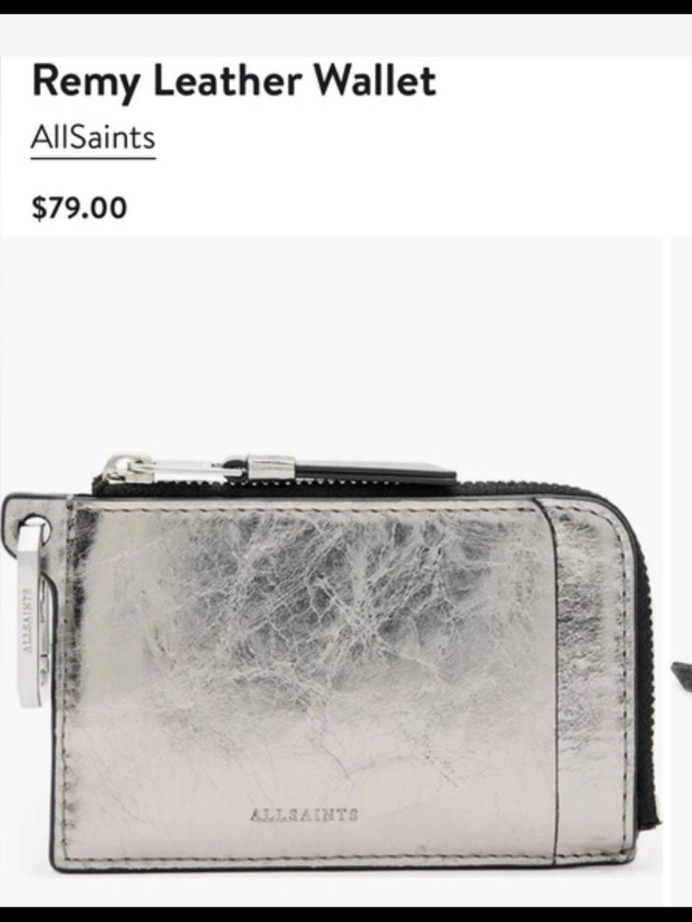 BNWT AllSaints Remy Leather Zip Card Wallet in Metallic Silver